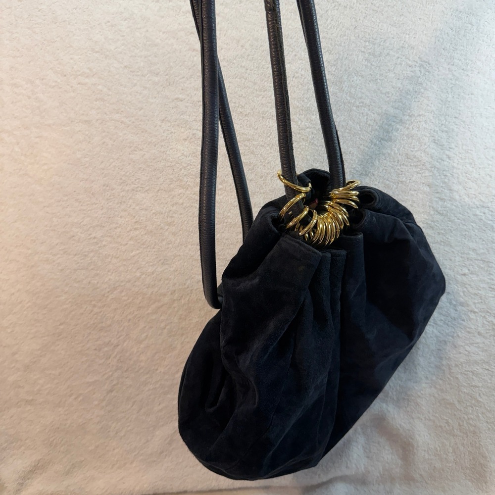 Bechamel Black Suede Hobo Bag Gold Ring Hardware Plaid Lining Slouchy Shoulder
